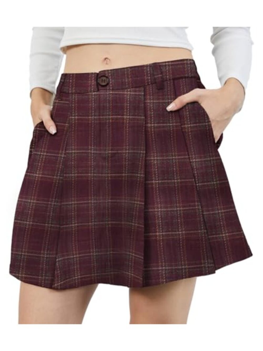 Women's Pleated Plaid Mini Skirt with Pockets High Waist A-Line Elastic Back